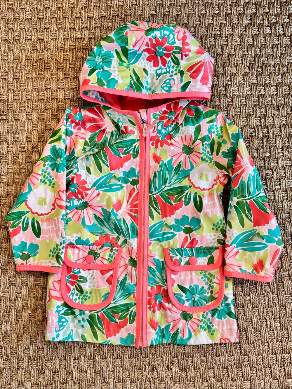 Like New Girls Floral Hooded Raincoat - Bright Pink & Green